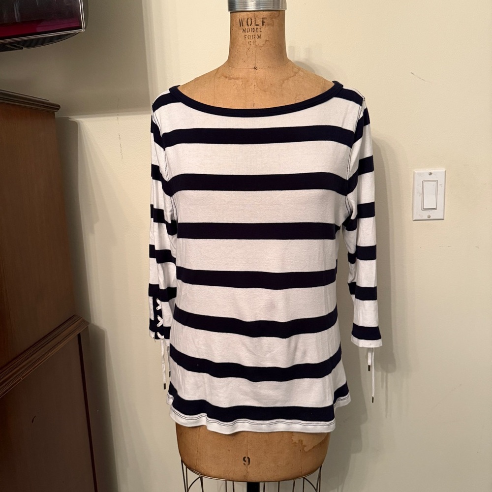 Lauren Ralph Lauren Navy White Striped 3/4 Sleeve Top